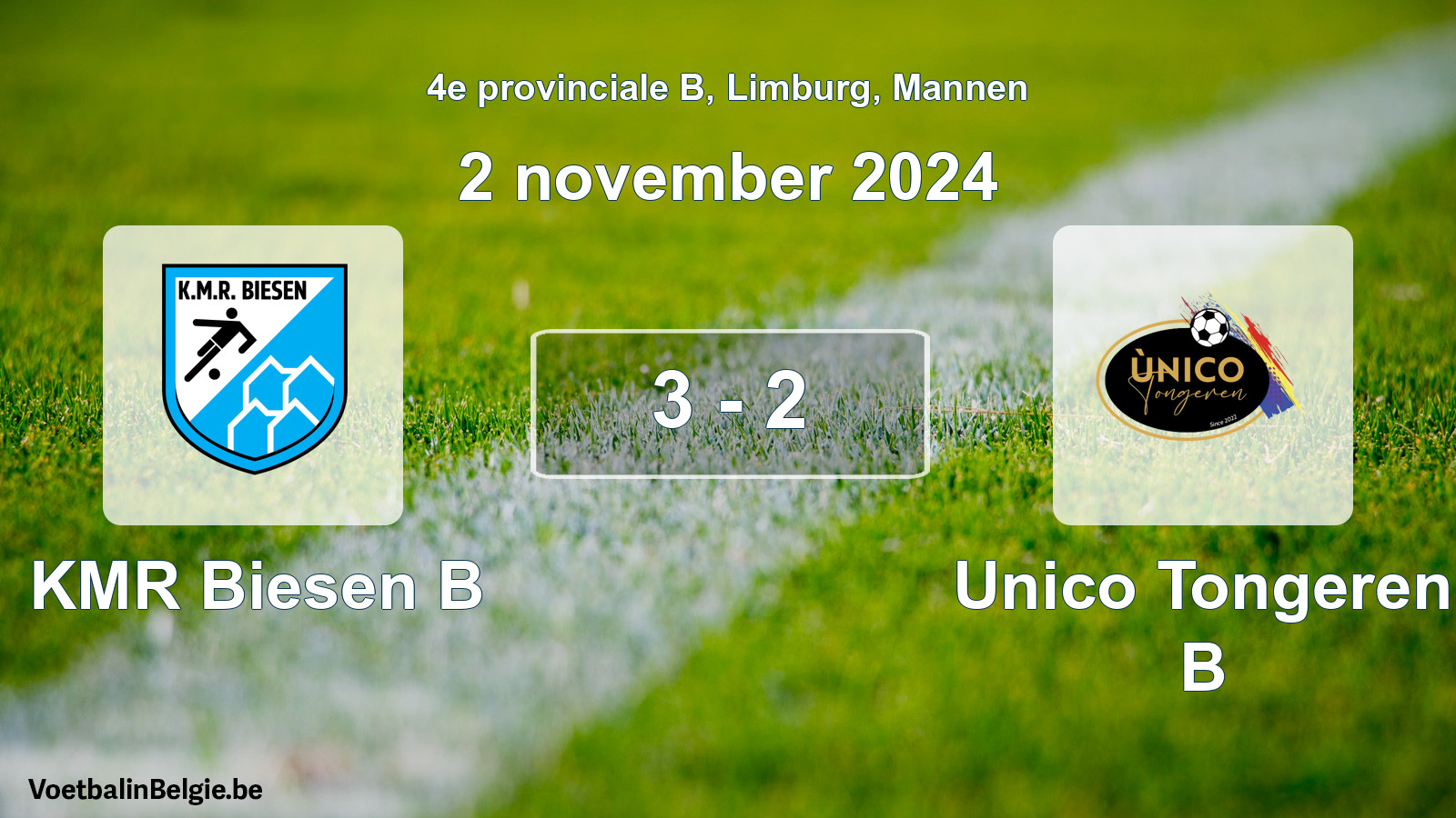 Gespeelde wedstrijd mannenvoetbal: KMR Biesen B - Unico Tongeren B 3 - 2 (2 november 2024)