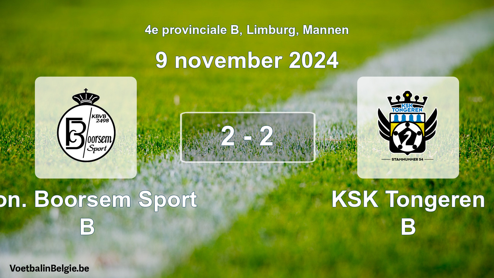 Gespeelde wedstrijd mannenvoetbal: Kon. Boorsem Sport B - KSK Tongeren B 2 - 2 (9 november 2024)
