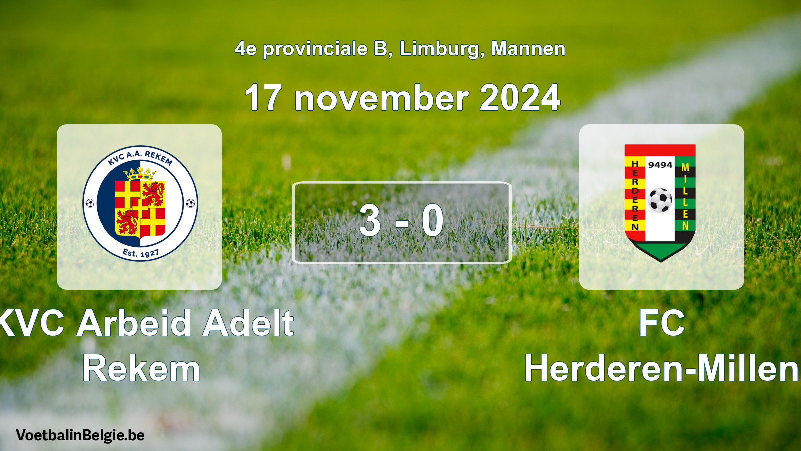 Gespeelde wedstrijd mannenvoetbal: KVC Arbeid Adelt Rekem - FC Herderen-Millen 3 - 0 (17 november 2024)