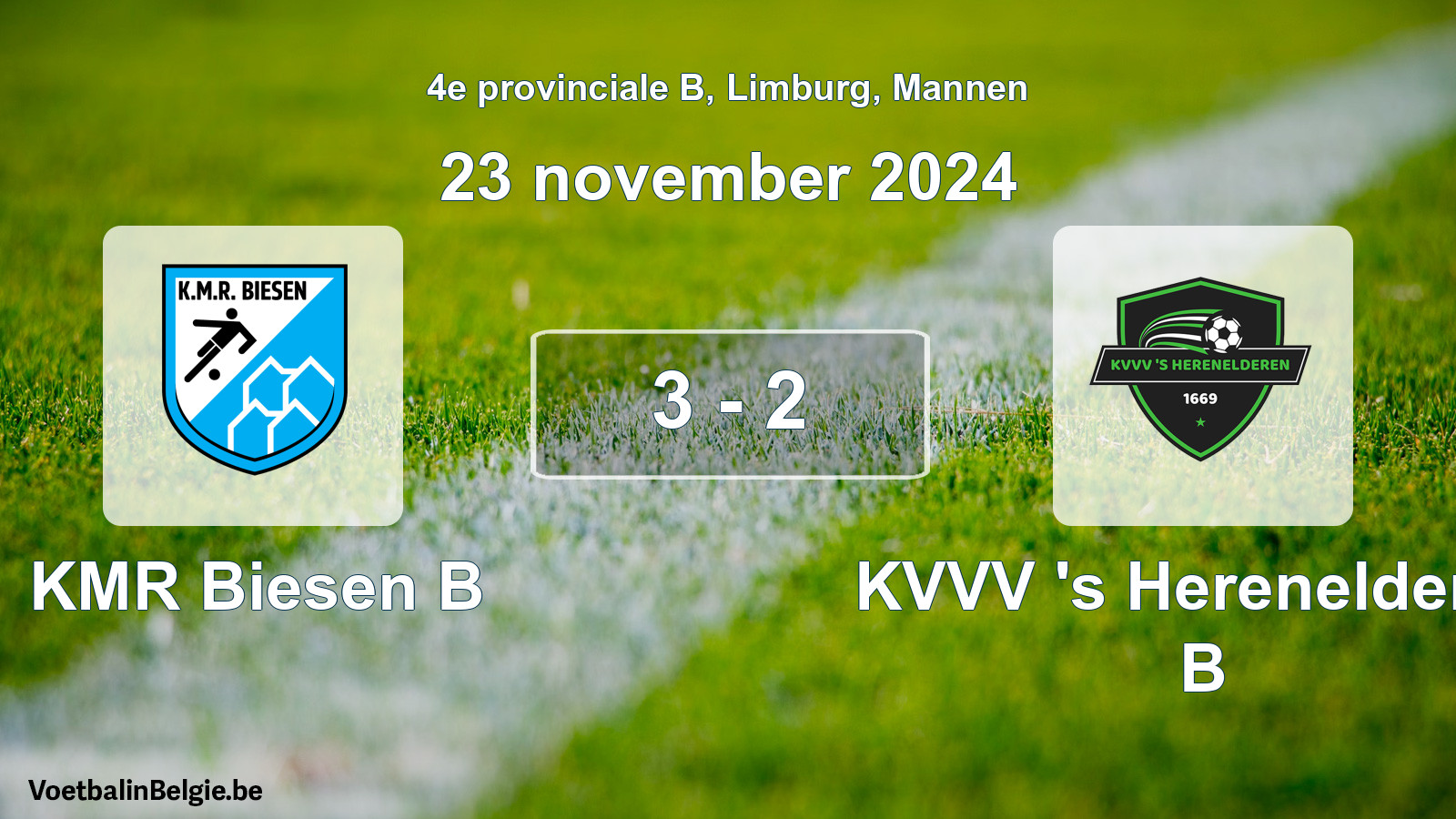 Gespeelde wedstrijd mannenvoetbal: KMR Biesen B - KVVV 's Herenelderen B 3 - 2 (23 november 2024)