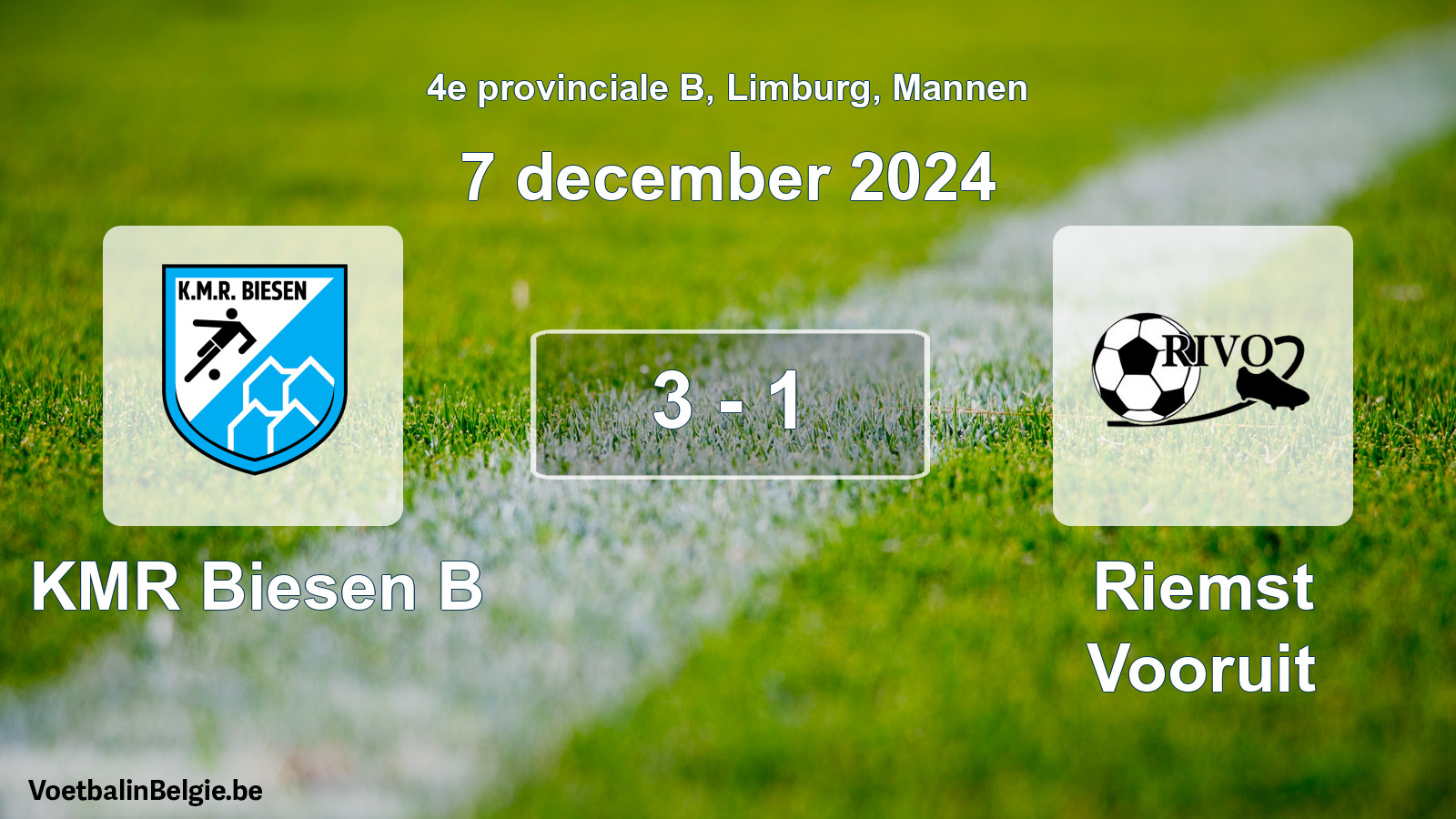 Gespeelde wedstrijd mannenvoetbal: KMR Biesen B - Riemst Vooruit 3 - 1 (7 december 2024)