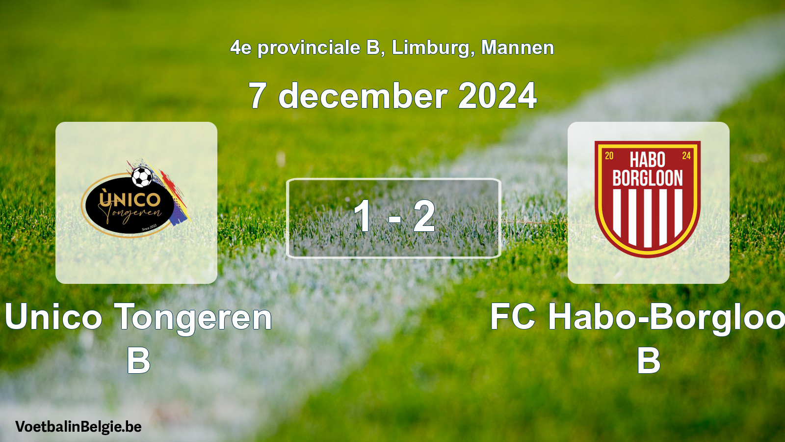 Gespeelde wedstrijd mannenvoetbal: Unico Tongeren B - FC Habo-Borgloon B 1 - 2 (7 december 2024)