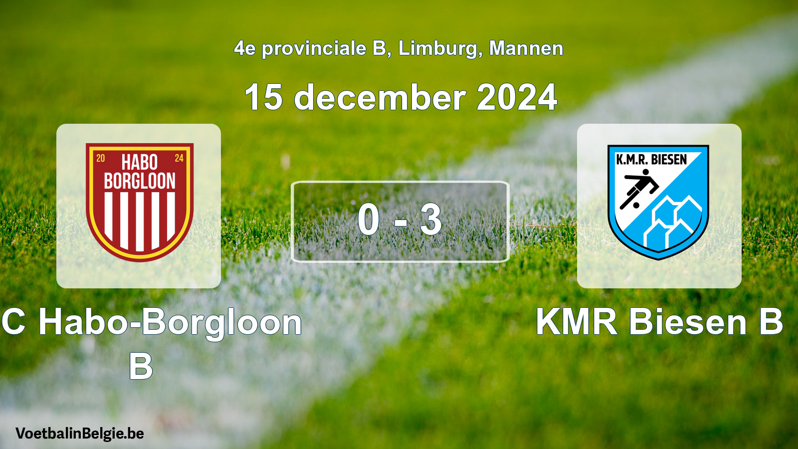 Gespeelde wedstrijd mannenvoetbal: FC Habo-Borgloon B - KMR Biesen B 0 - 3 (15 december 2024)