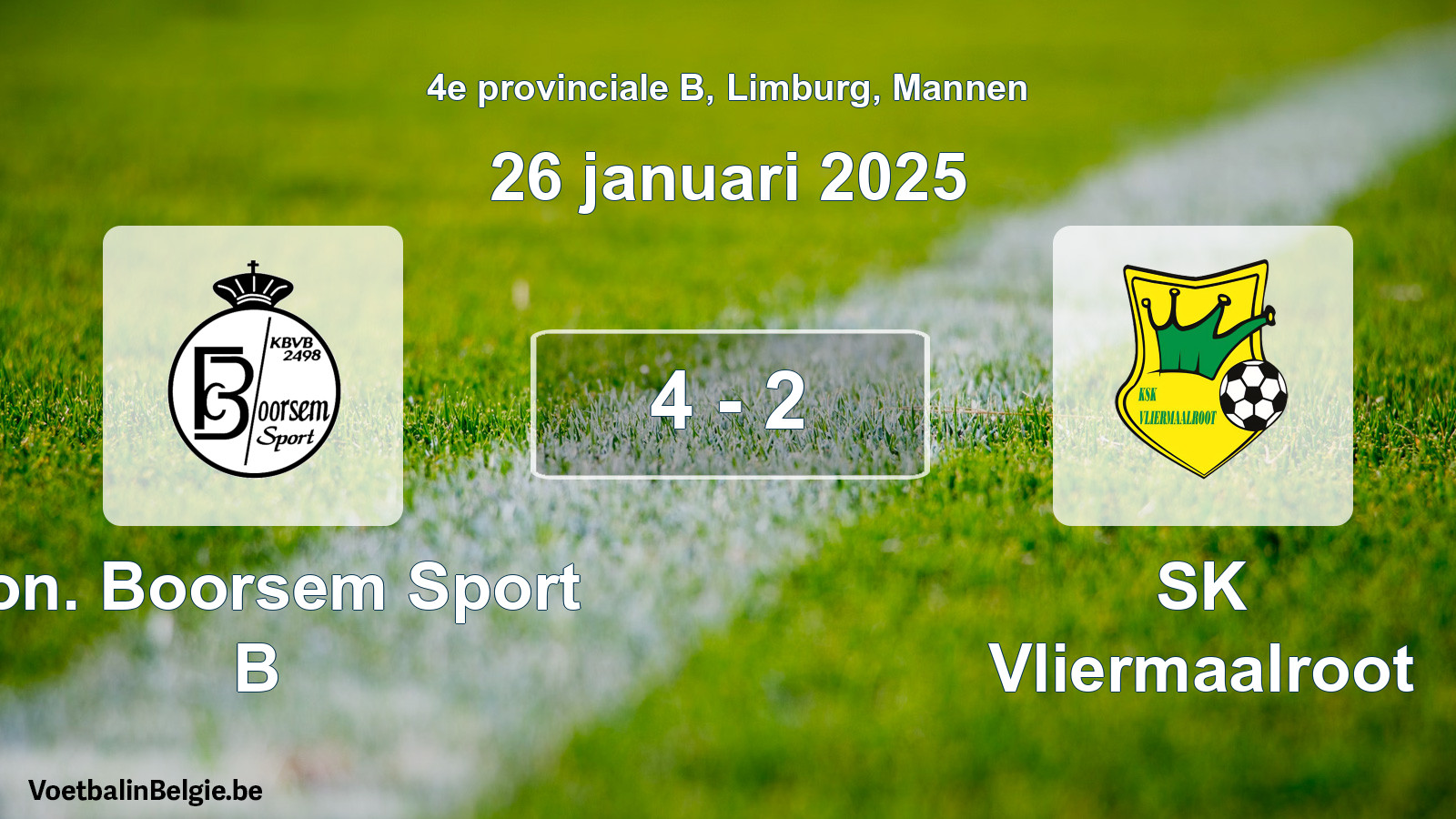 Gespeelde wedstrijd mannenvoetbal: Kon. Boorsem Sport B - SK Vliermaalroot 4 - 2 (26 januari 2025)