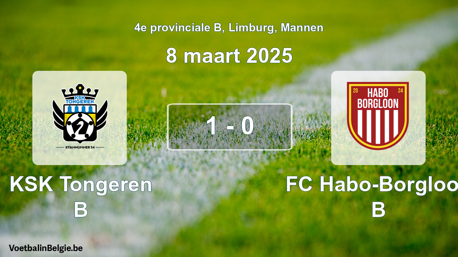 Gespeelde wedstrijd mannenvoetbal: KSK Tongeren B - FC Habo-Borgloon B 1 - 0 (8 maart 2025)