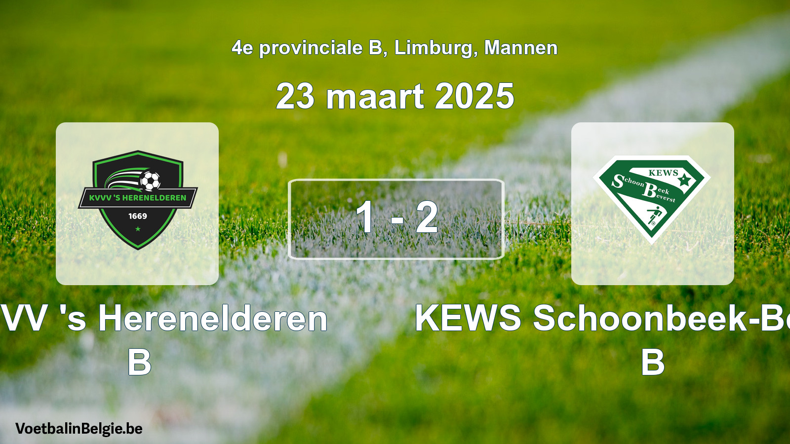 Gespieltes Spiel männer-Fußball: KVVV 's Herenelderen B - KEWS Schoonbeek-Beverst B 1 - 2 (23 März 2025)