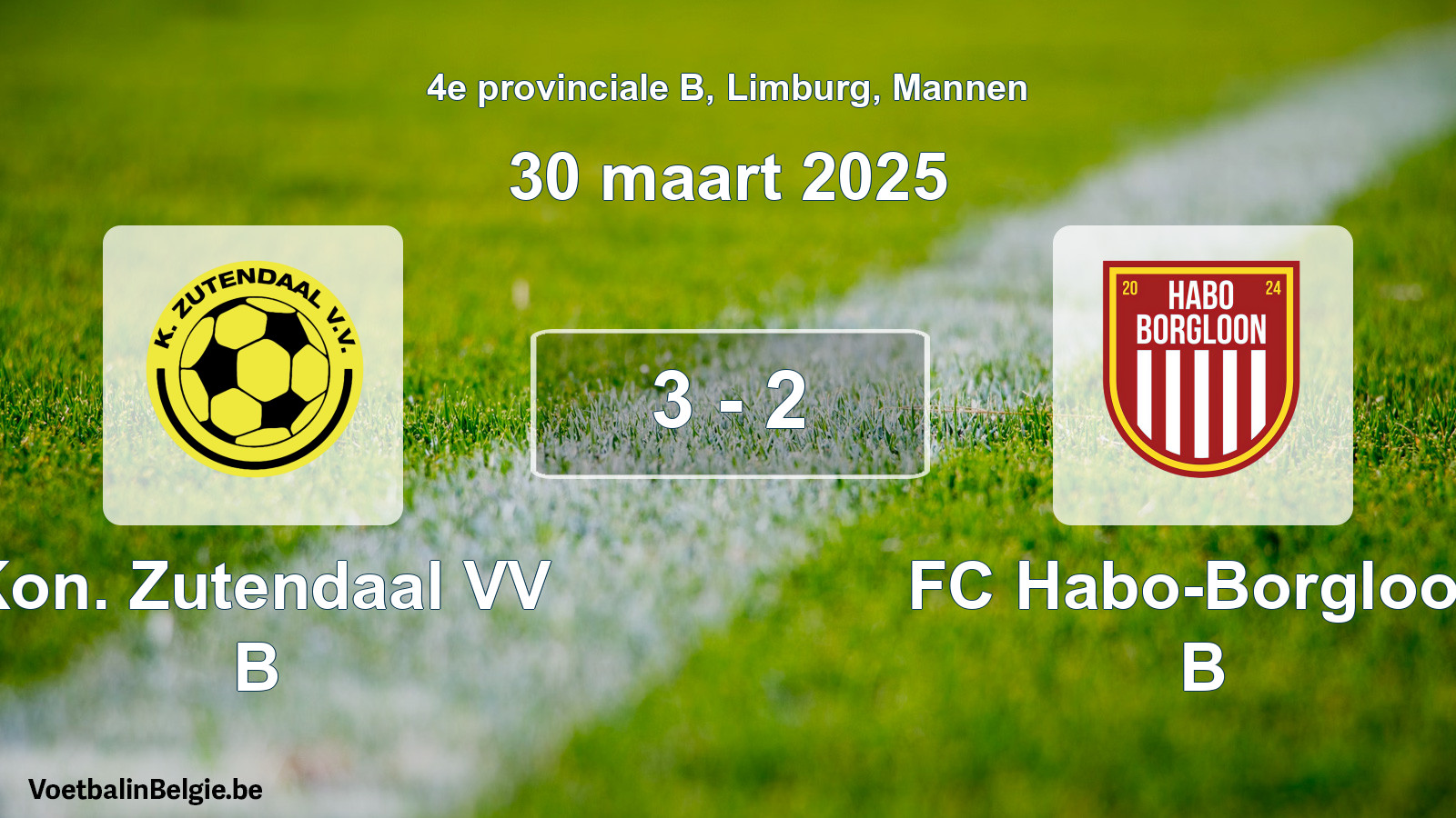 Gespeelde wedstrijd mannenvoetbal: Kon. Zutendaal VV B - FC Habo-Borgloon B 3 - 2 (30 maart 2025)