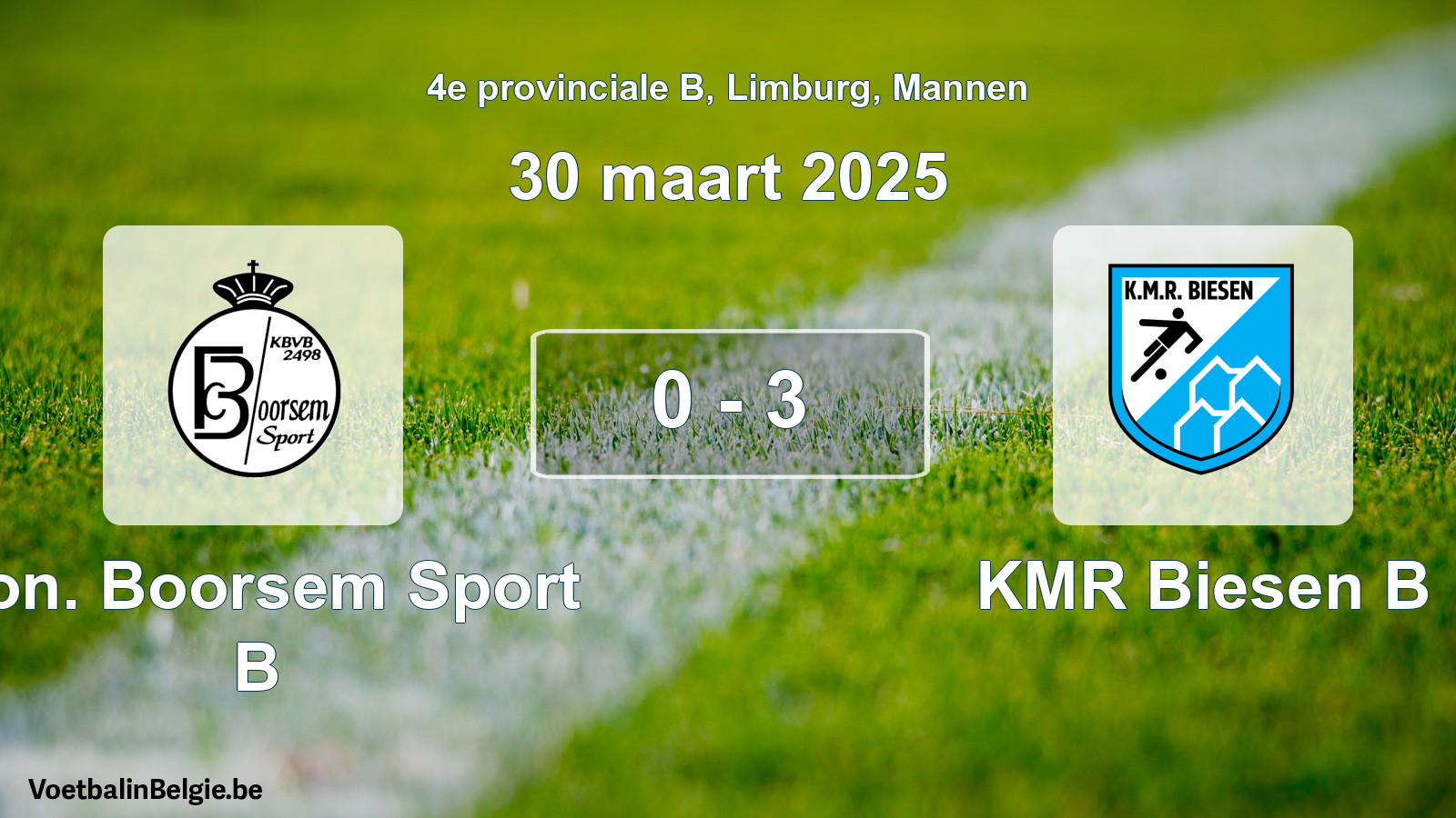Gespeelde wedstrijd mannenvoetbal: Kon. Boorsem Sport B - KMR Biesen B 0 - 3 (30 maart 2025)
