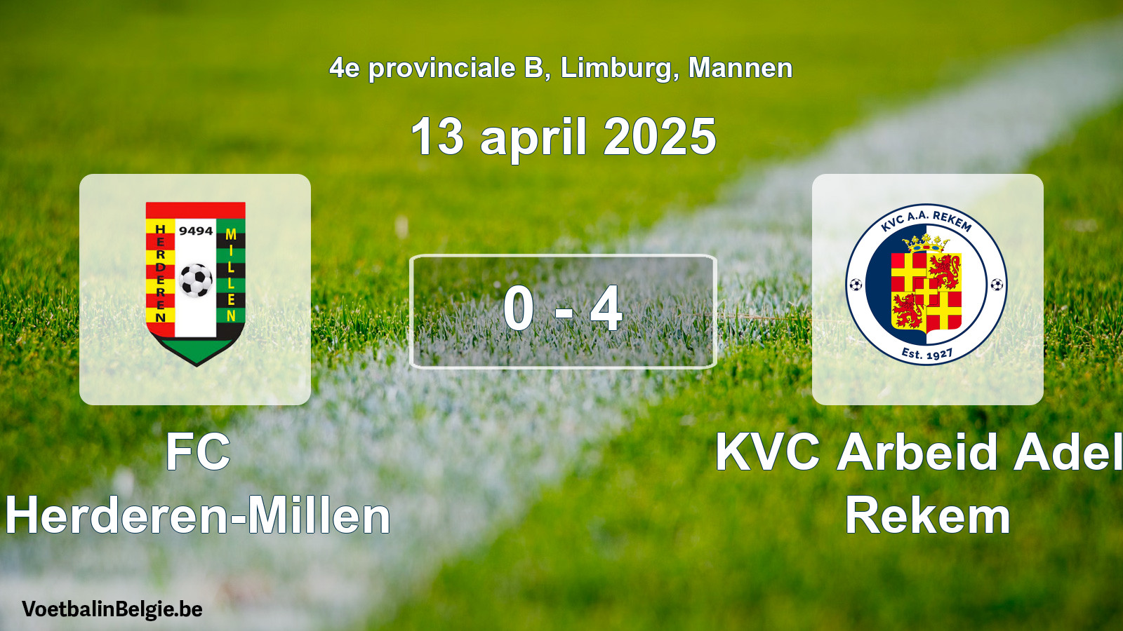 Gespeelde wedstrijd mannenvoetbal: FC Herderen-Millen - KVC Arbeid Adelt Rekem 0 - 4 (13 april 2025)