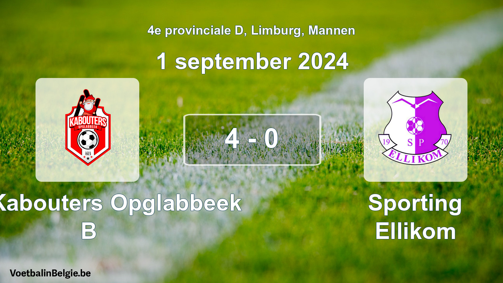 Gespeelde wedstrijd mannenvoetbal: KFC Kabouters Opglabbeek B - Sporting Ellikom 4 - 0 (1 september 2024)