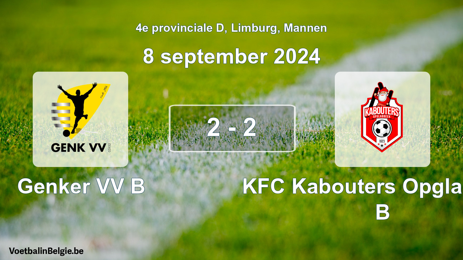 Gespeelde wedstrijd mannenvoetbal: Genker VV B - KFC Kabouters Opglabbeek B 2 - 2 (8 september 2024)