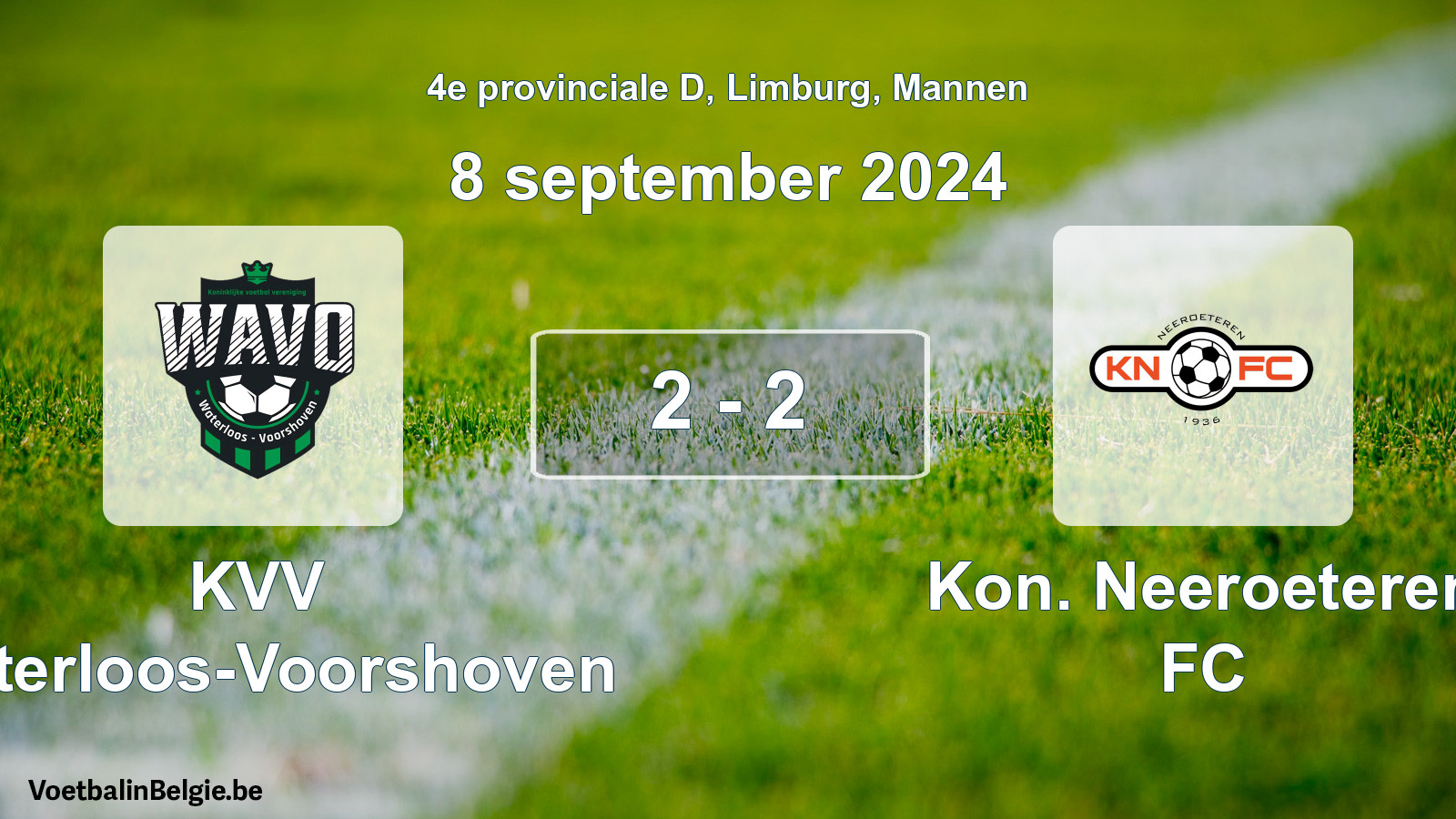 Gespeelde wedstrijd mannenvoetbal: KVV Waterloos-Voorshoven - Kon. Neeroeteren FC 2 - 2 (8 september 2024)