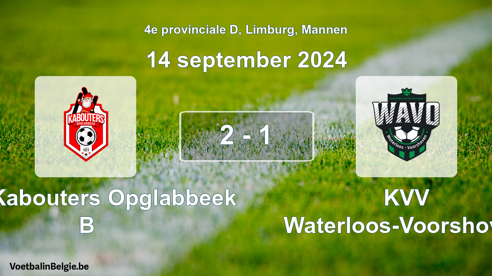 Gespeelde wedstrijd mannenvoetbal: KFC Kabouters Opglabbeek B - KVV Waterloos-Voorshoven 2 - 1 (14 september 2024)