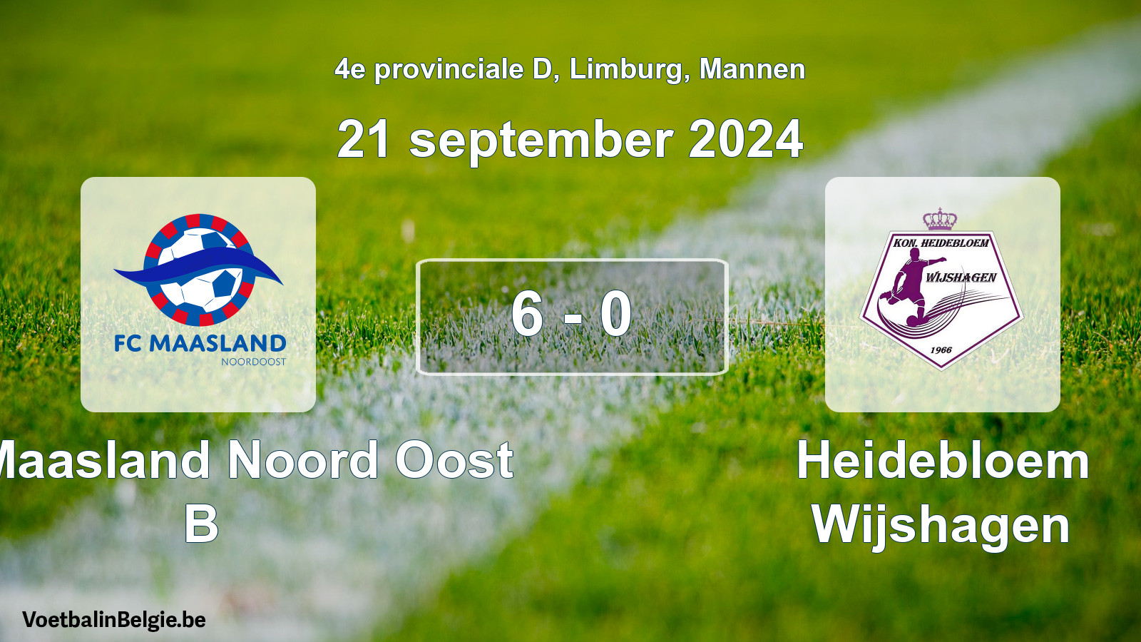 Gespeelde wedstrijd mannenvoetbal: FC Maasland Noord Oost B - Heidebloem Wijshagen 6 - 0 (21 september 2024)
