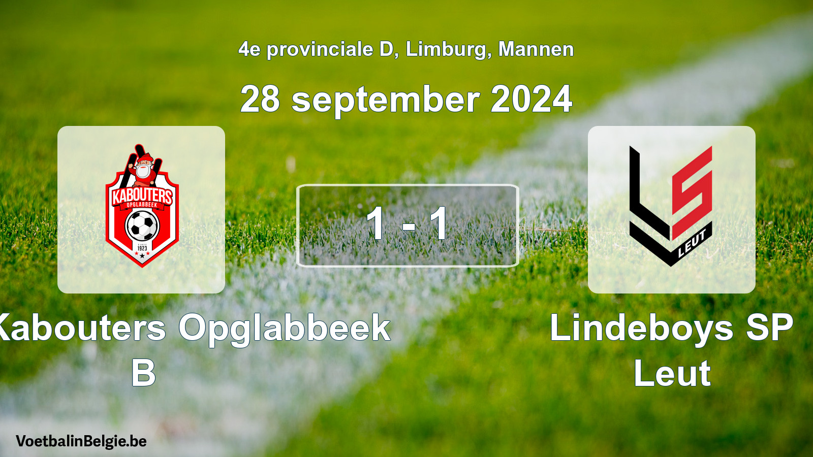 Gespeelde wedstrijd mannenvoetbal: KFC Kabouters Opglabbeek B - Lindeboys SP Leut 1 - 1 (28 september 2024)