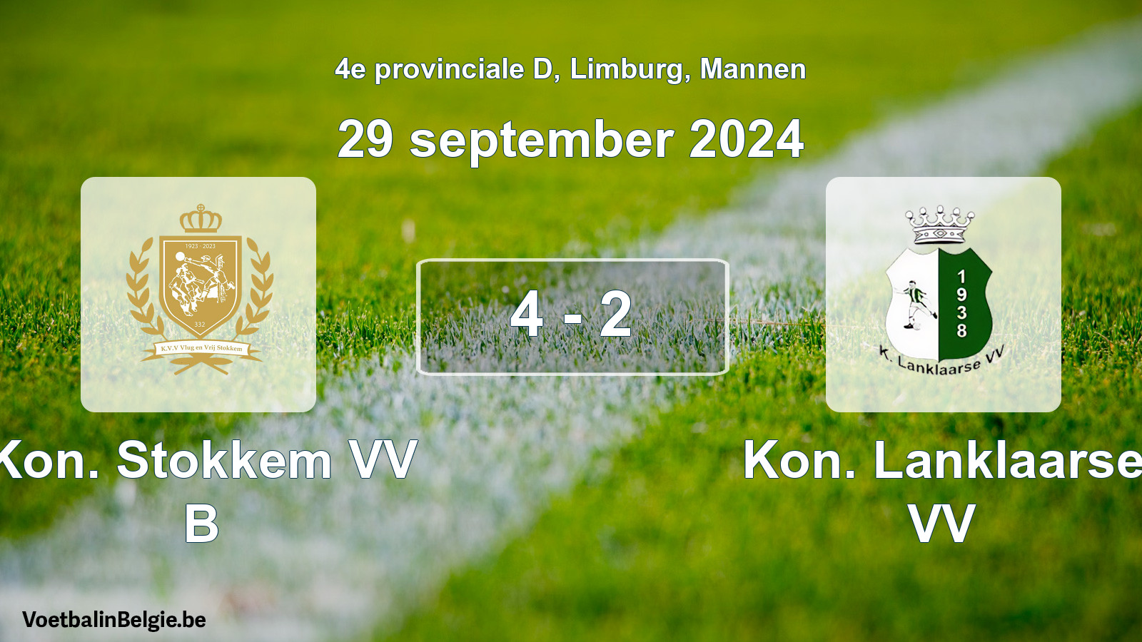Gespeelde wedstrijd mannenvoetbal: Kon. Stokkem VV B - Kon. Lanklaarse VV 4 - 2 (29 september 2024)