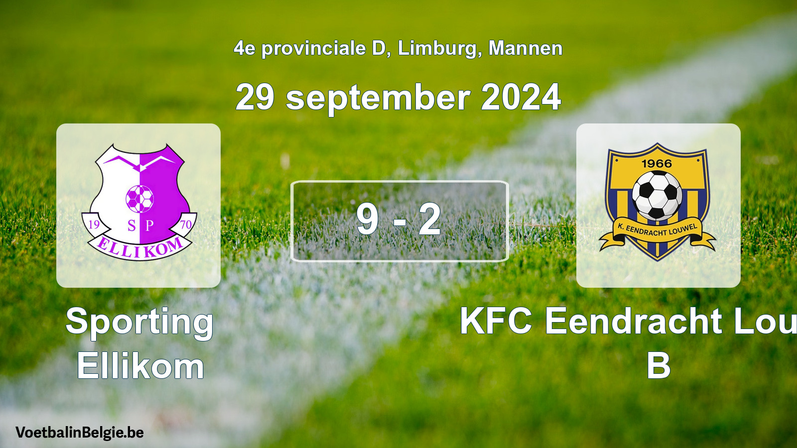 Gespeelde wedstrijd mannenvoetbal: Sporting Ellikom - KFC Eendracht Louwel B 9 - 2 (29 september 2024)