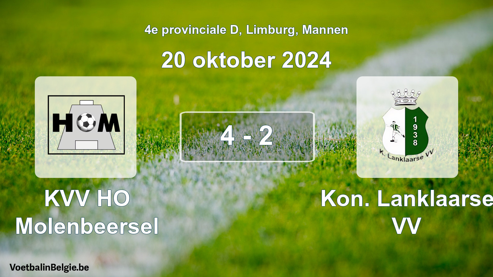 Gespeelde wedstrijd mannenvoetbal: KVV HO Molenbeersel - Kon. Lanklaarse VV 4 - 2 (20 oktober 2024)
