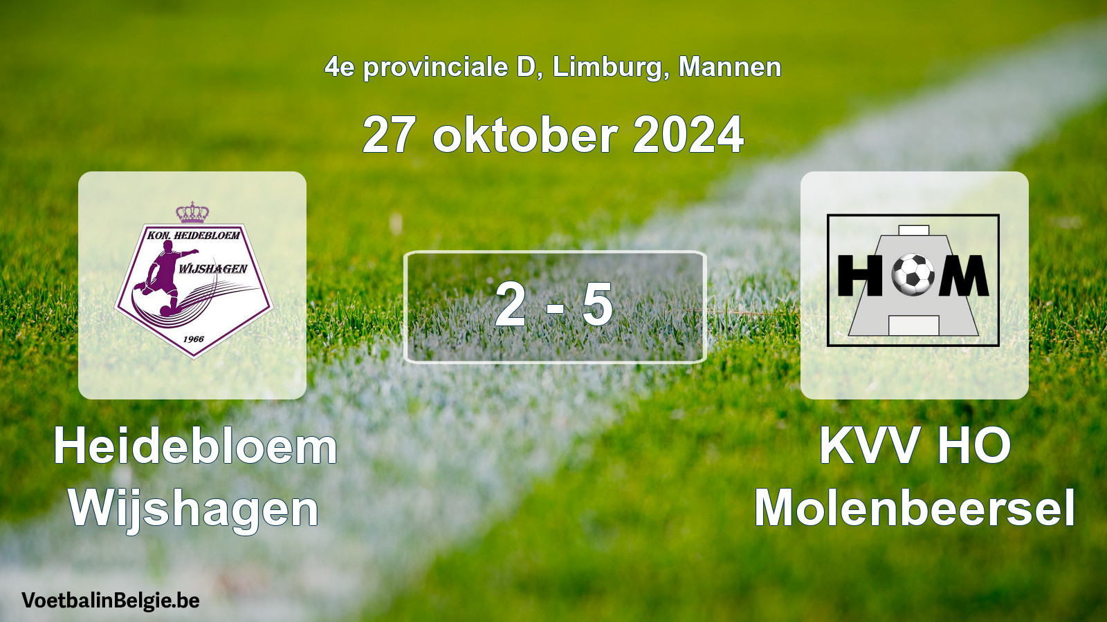 Gespeelde wedstrijd mannenvoetbal: Heidebloem Wijshagen - KVV HO Molenbeersel 2 - 5 (27 oktober 2024)