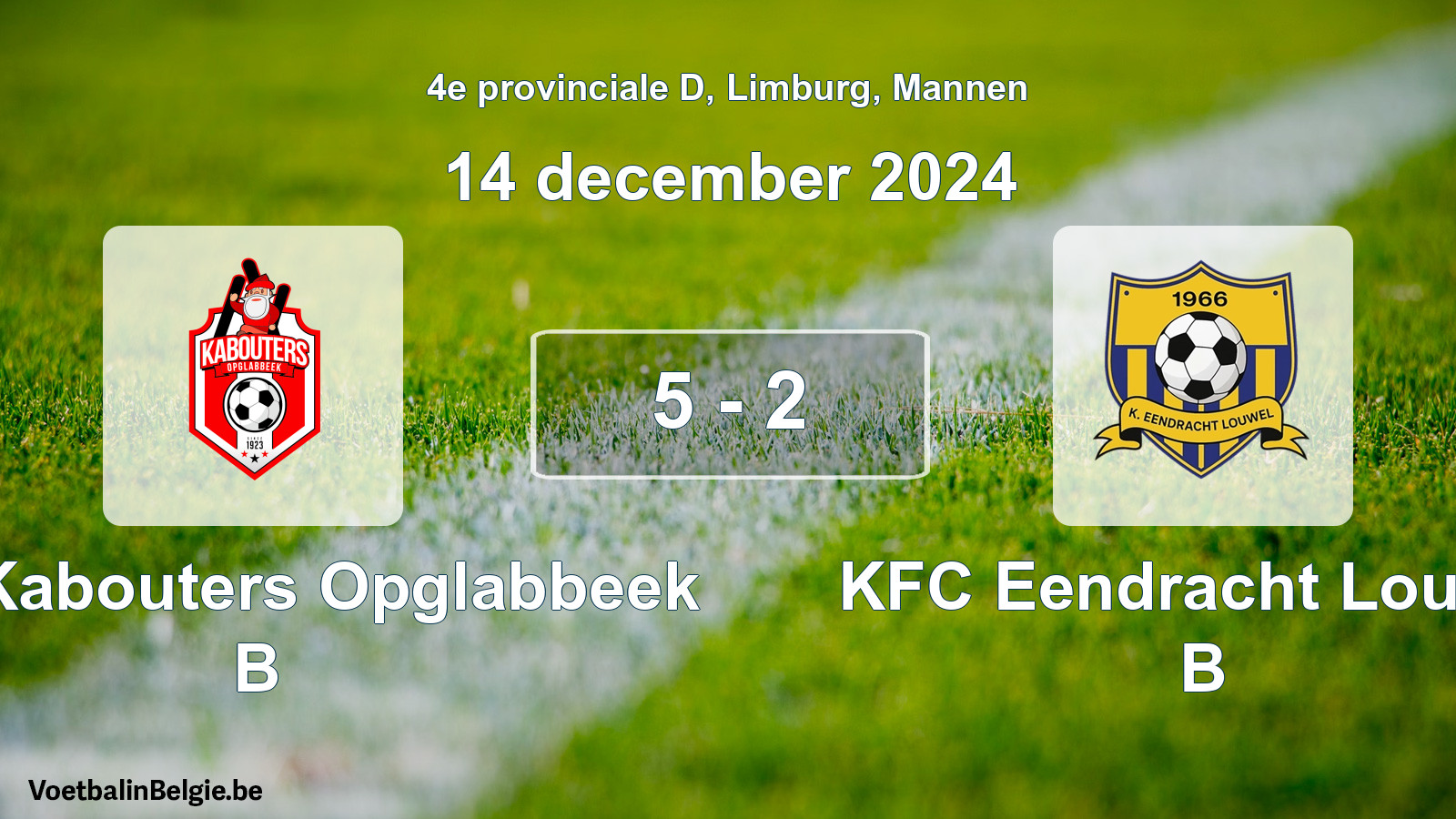 Gespeelde wedstrijd mannenvoetbal: KFC Kabouters Opglabbeek B - KFC Eendracht Louwel B 5 - 2 (14 december 2024)