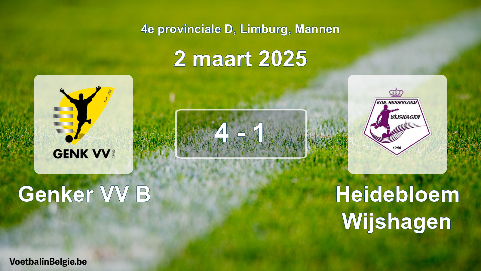 Gespeelde wedstrijd mannenvoetbal: Genker VV B - Heidebloem Wijshagen 4 - 1 (2 maart 2025)