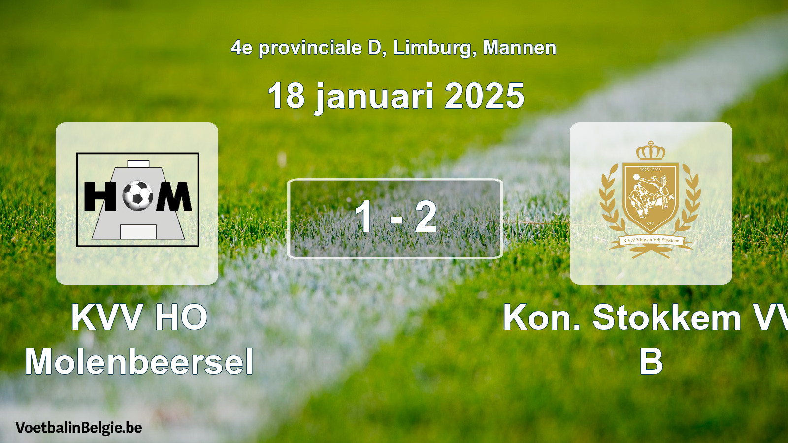 Gespeelde wedstrijd mannenvoetbal: KVV HO Molenbeersel - Kon. Stokkem VV B 1 - 2 (18 januari 2025)