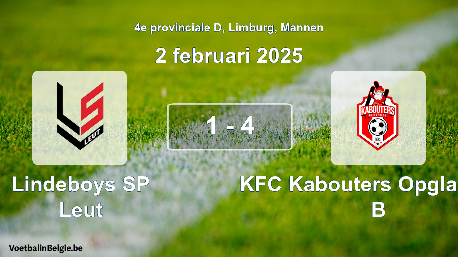 Gespeelde wedstrijd mannenvoetbal: Lindeboys SP Leut - KFC Kabouters Opglabbeek B 1 - 4 (2 februari 2025)