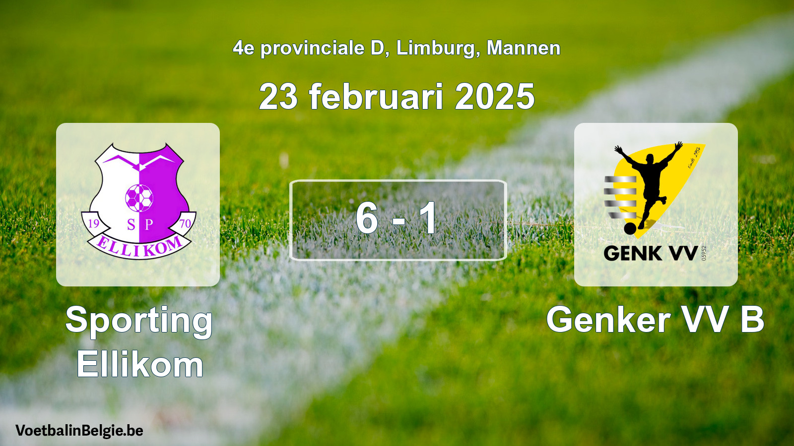 Gespeelde wedstrijd mannenvoetbal: Sporting Ellikom - Genker VV B 6 - 1 (23 februari 2025)