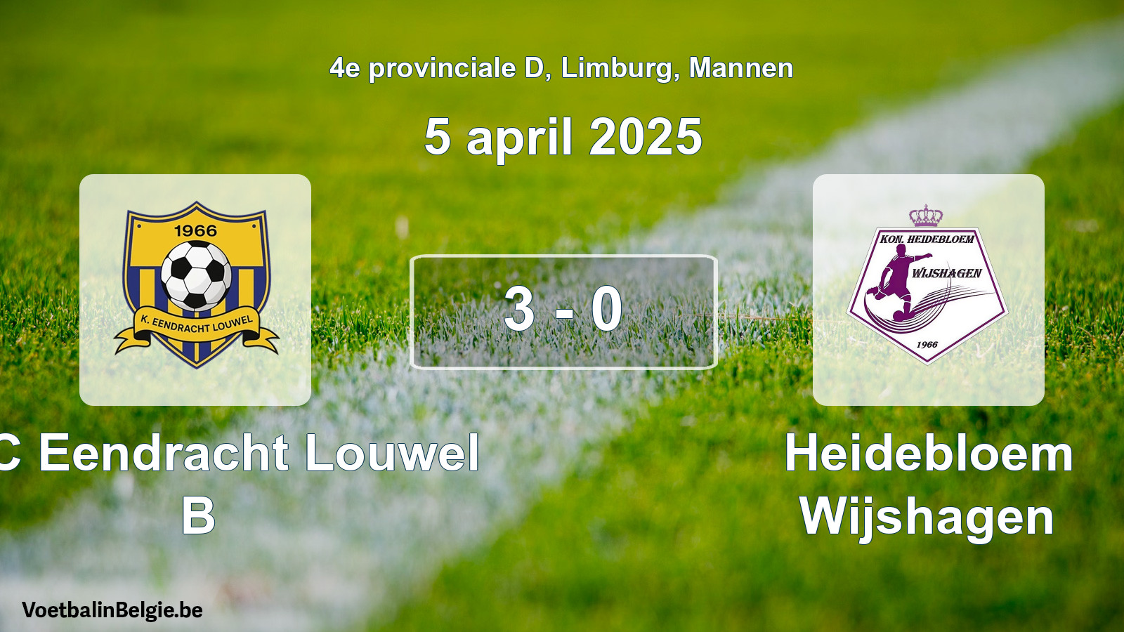 Gespeelde wedstrijd mannenvoetbal: KFC Eendracht Louwel B - Heidebloem Wijshagen 3 - 0 (5 april 2025)
