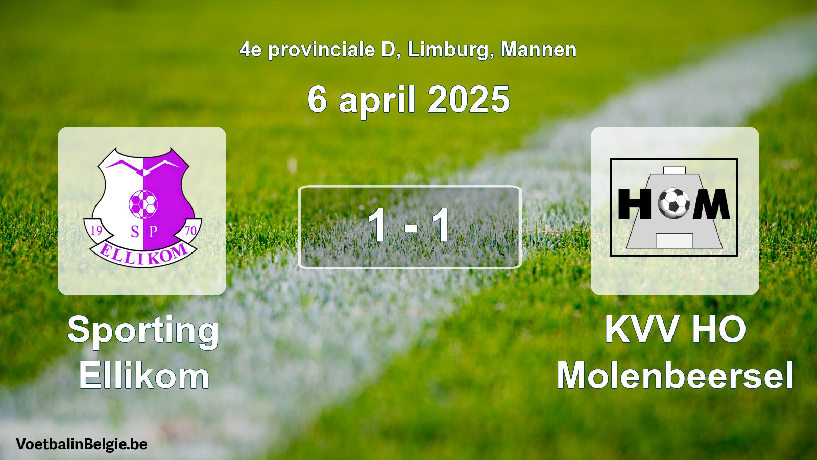 Gespeelde wedstrijd mannenvoetbal: Sporting Ellikom - KVV HO Molenbeersel 1 - 1 (6 april 2025)