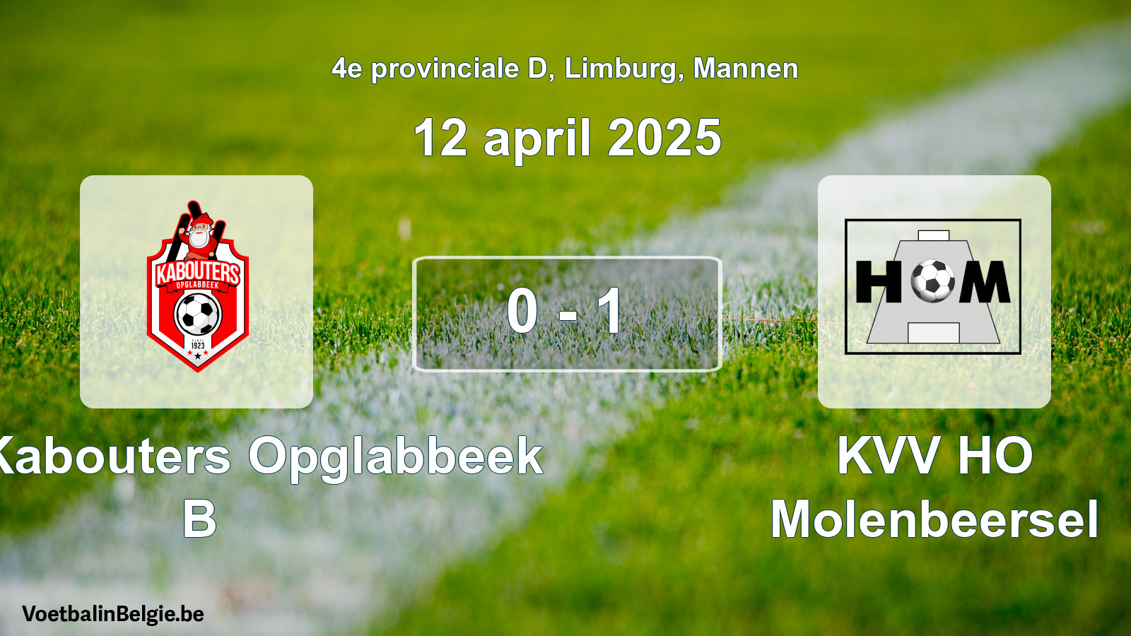 Gespeelde wedstrijd mannenvoetbal: KFC Kabouters Opglabbeek B - KVV HO Molenbeersel 0 - 1 (12 april 2025)
