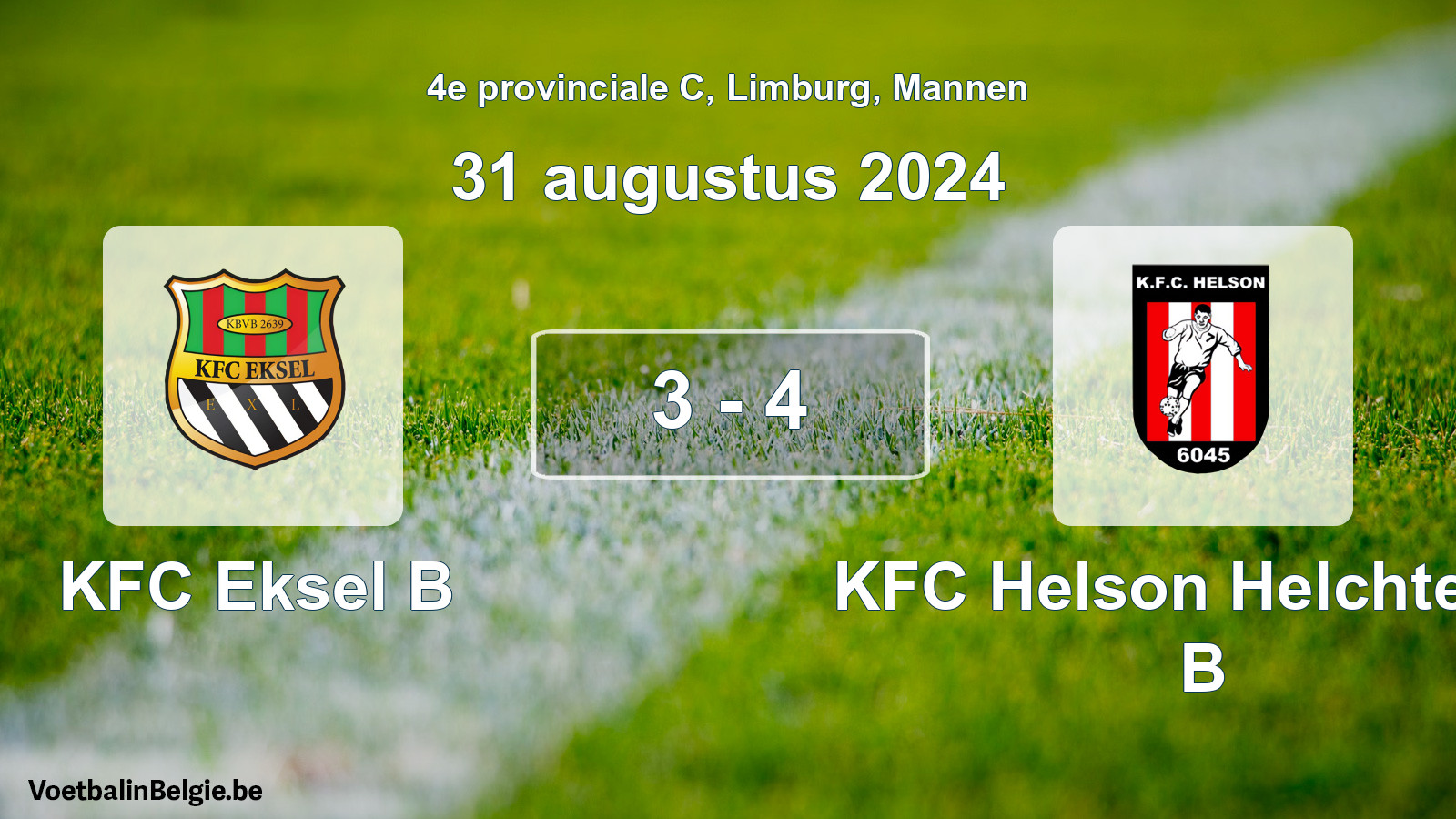 Gespeelde wedstrijd mannenvoetbal: KFC Eksel B - KFC Helson Helchteren B 3 - 4 (31 augustus 2024)
