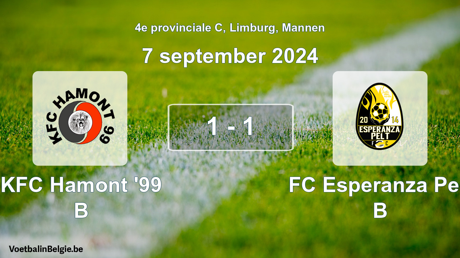 Gespeelde wedstrijd mannenvoetbal: KFC Hamont '99 B - FC Esperanza Pelt B 1 - 1 (7 september 2024)