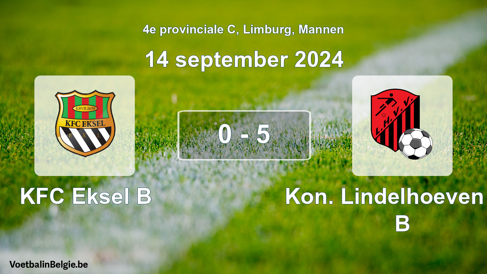 Gespeelde wedstrijd mannenvoetbal: KFC Eksel B - Kon. Lindelhoeven VV B 0 - 5 (14 september 2024)