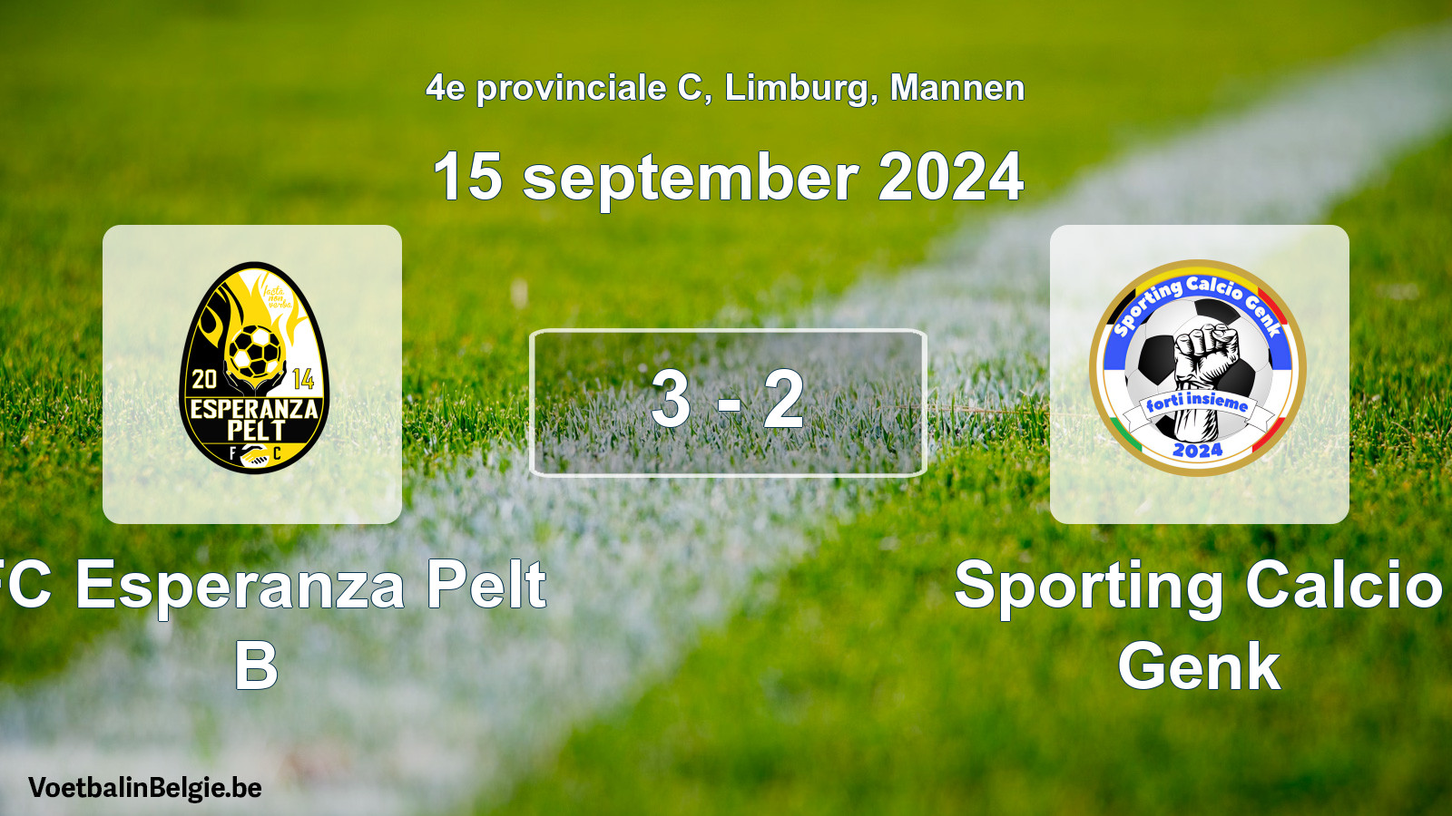 Gespeelde wedstrijd mannenvoetbal: FC Esperanza Pelt B - Sporting Calcio Genk 3 - 2 (15 september 2024)