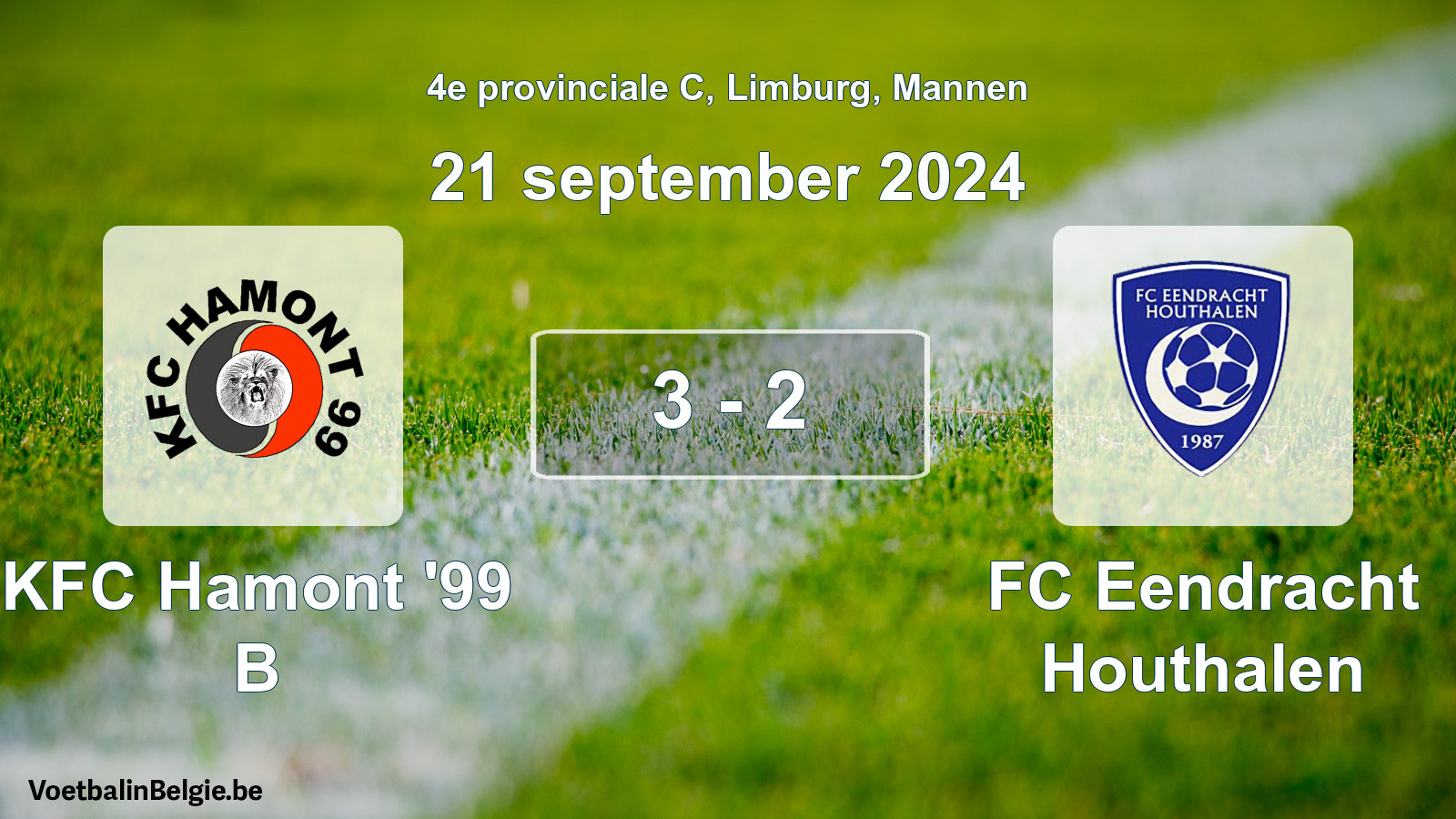 Gespeelde wedstrijd mannenvoetbal: KFC Hamont '99 B - FC Eendracht Houthalen 3 - 2 (21 september 2024)