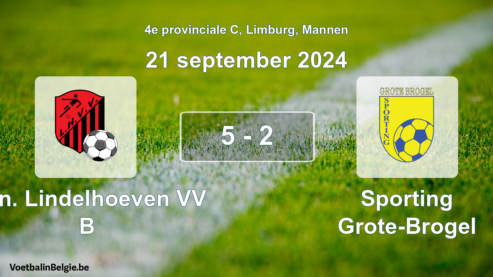 Gespeelde wedstrijd mannenvoetbal: Kon. Lindelhoeven VV B - Sporting Grote-Brogel 5 - 2 (21 september 2024)