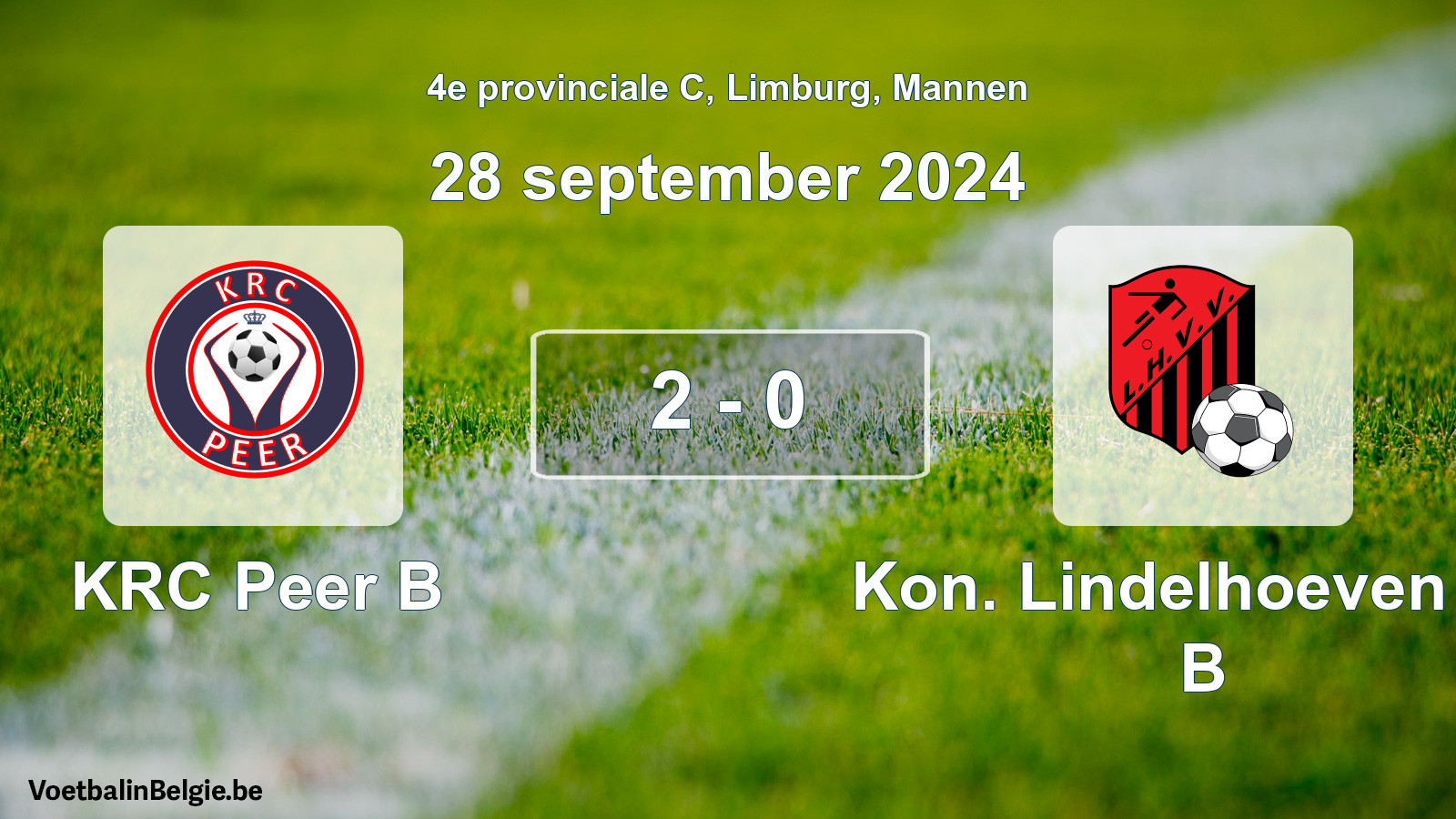 Gespeelde wedstrijd mannenvoetbal: KRC Peer B - Kon. Lindelhoeven VV B 2 - 0 (28 september 2024)