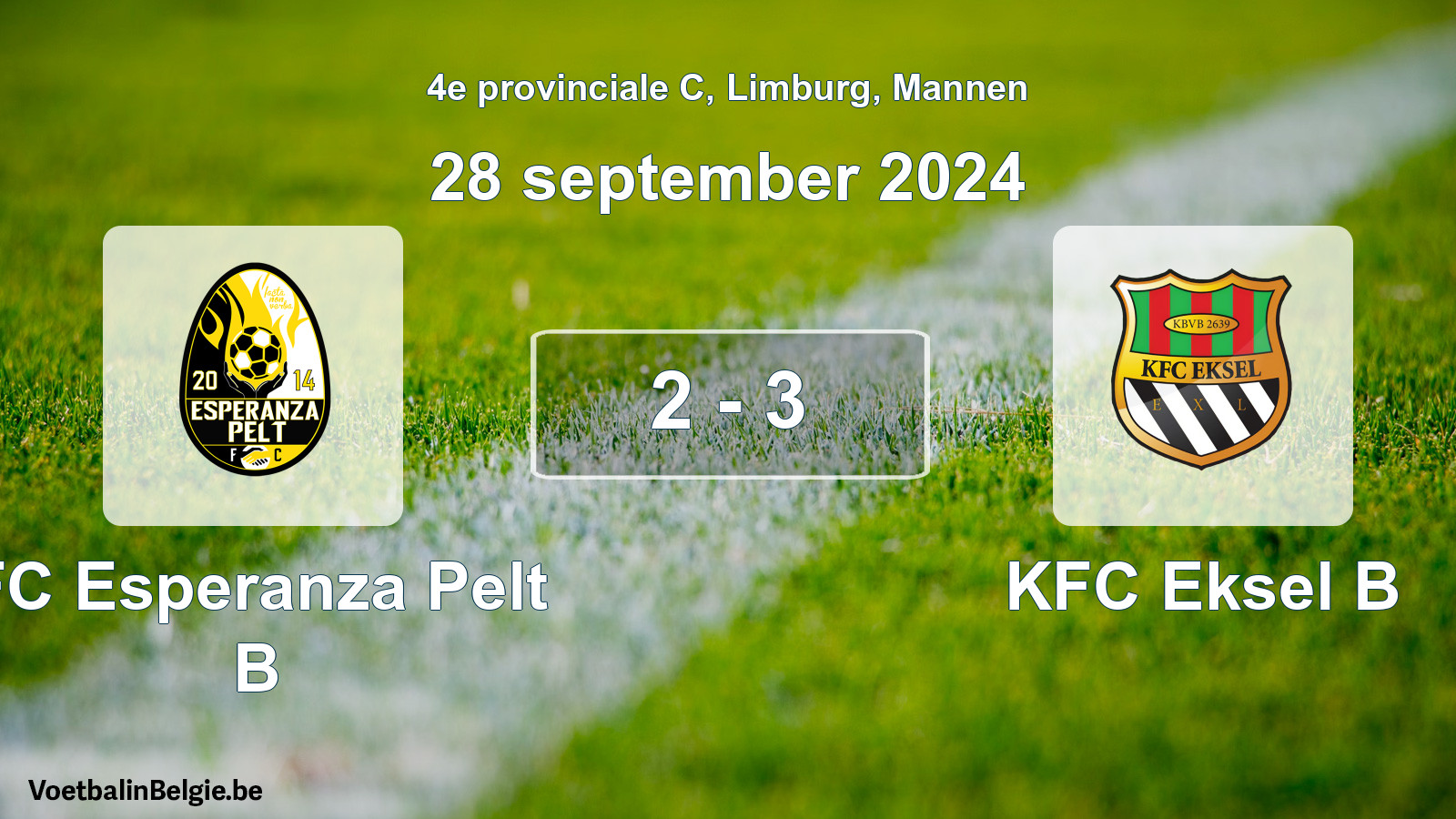 Gespeelde wedstrijd mannenvoetbal: FC Esperanza Pelt B - KFC Eksel B 2 - 3 (28 september 2024)