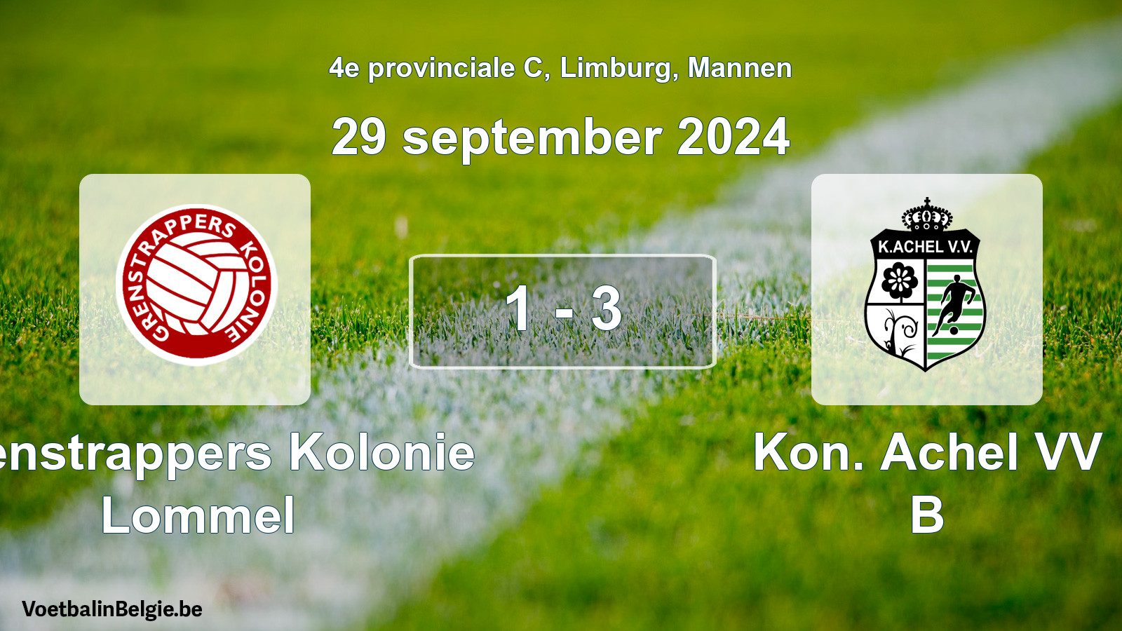 Gespeelde wedstrijd mannenvoetbal: Grenstrappers Kolonie Lommel - Kon. Achel VV B 1 - 3 (29 september 2024)