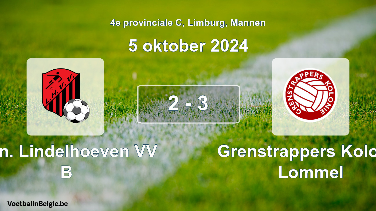 Gespeelde wedstrijd mannenvoetbal: Kon. Lindelhoeven VV B - Grenstrappers Kolonie Lommel 2 - 3 (5 oktober 2024)