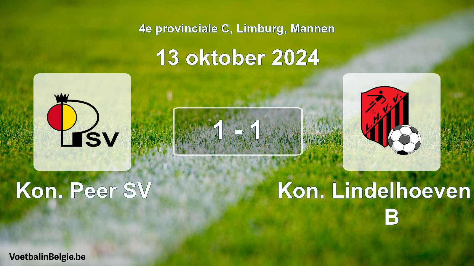 Gespeelde wedstrijd mannenvoetbal: Kon. Peer SV - Kon. Lindelhoeven VV B 1 - 1 (13 oktober 2024)