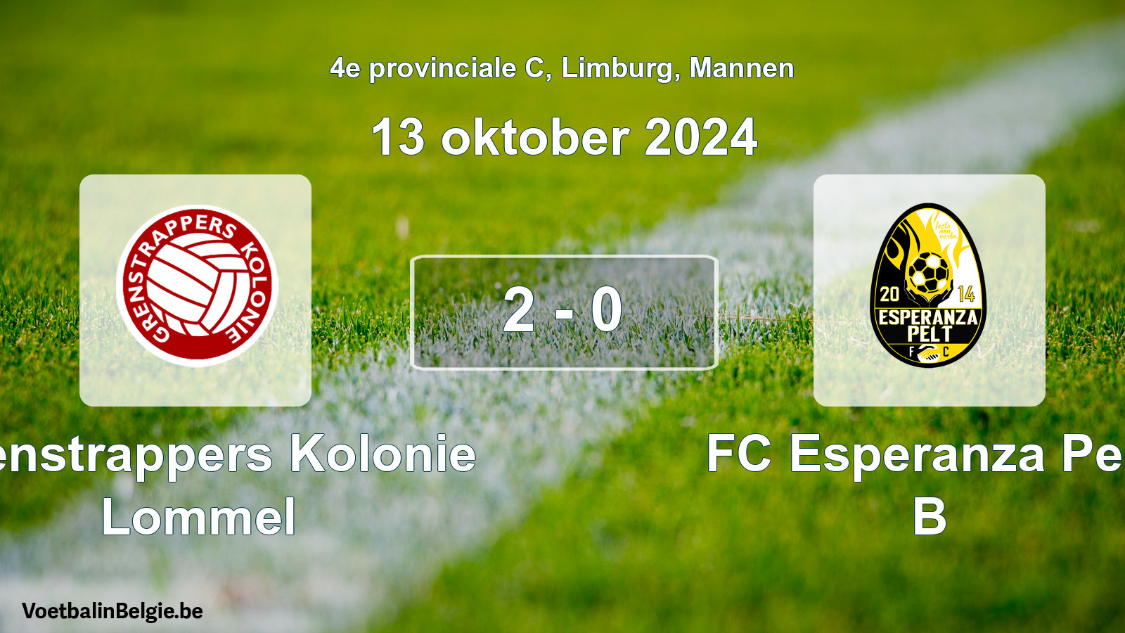 Gespeelde wedstrijd mannenvoetbal: Grenstrappers Kolonie Lommel - FC Esperanza Pelt B 2 - 0 (13 oktober 2024)