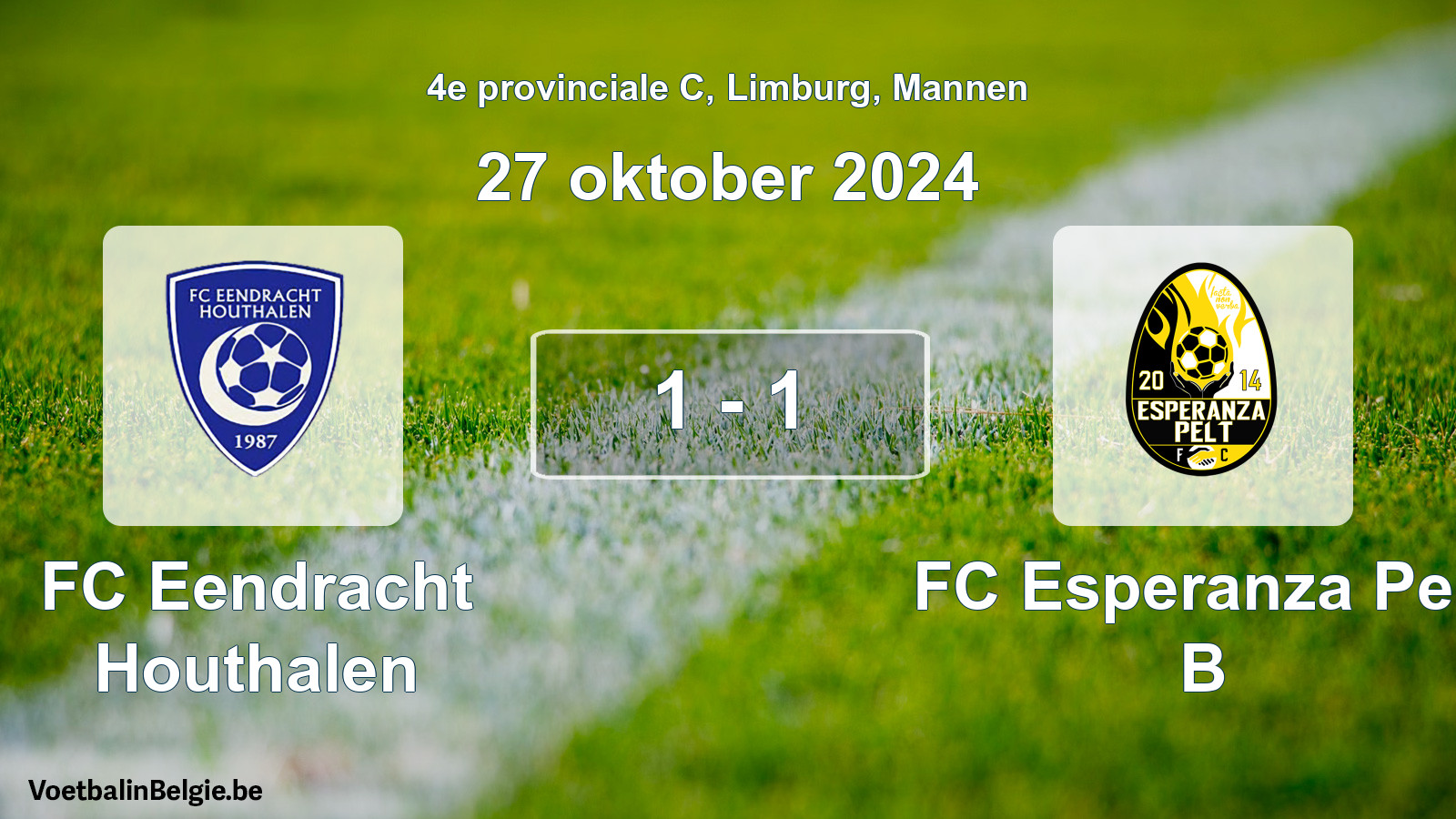 Gespeelde wedstrijd mannenvoetbal: FC Eendracht Houthalen - FC Esperanza Pelt B 1 - 1 (27 oktober 2024)