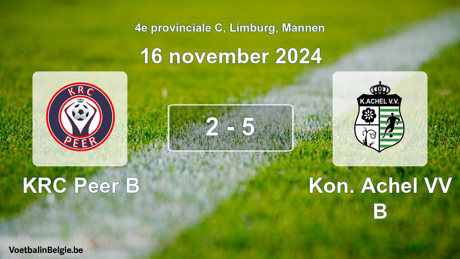 Gespeelde wedstrijd mannenvoetbal: KRC Peer B - Kon. Achel VV B 2 - 5 (16 november 2024)