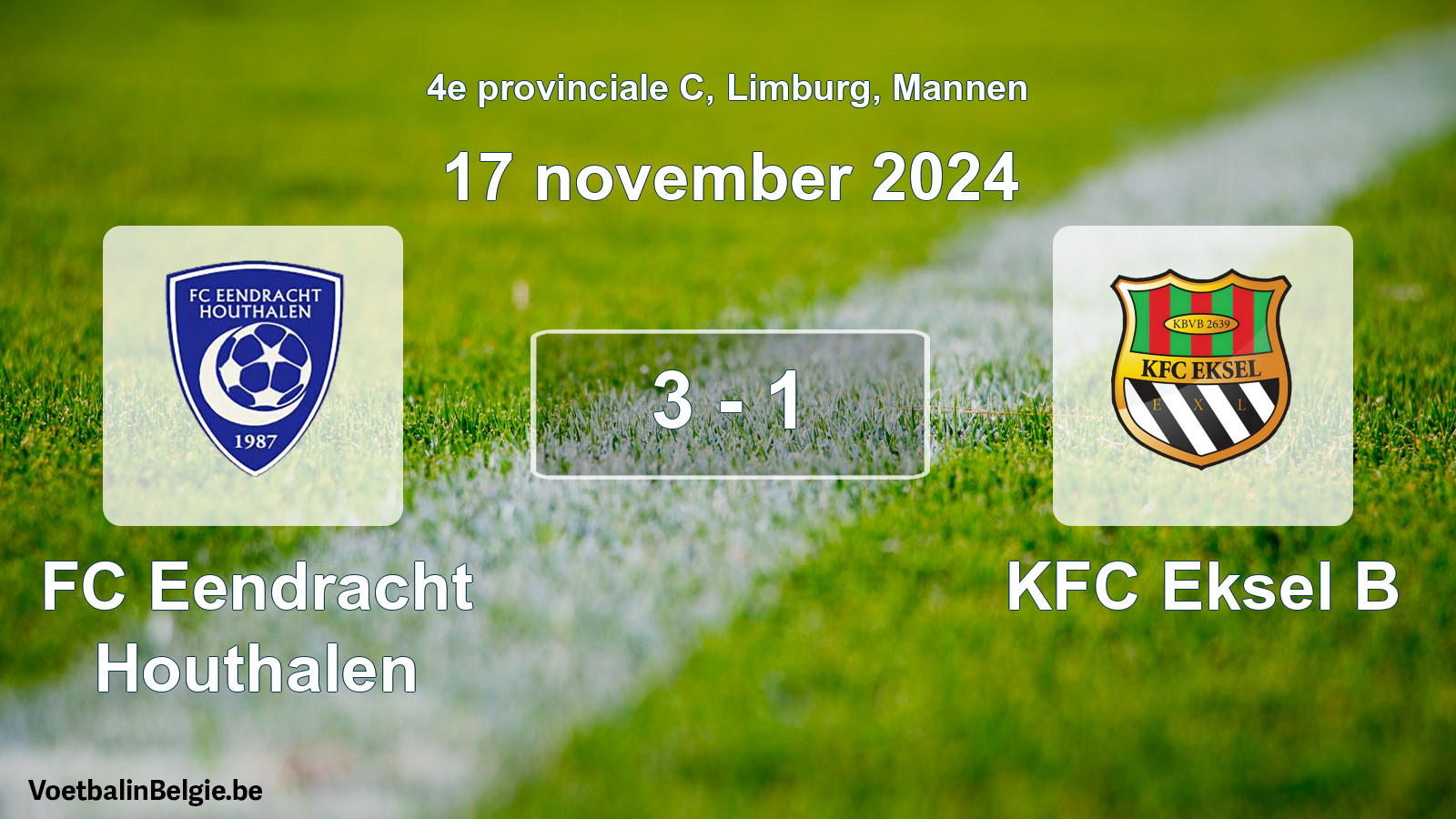 Gespeelde wedstrijd mannenvoetbal: FC Eendracht Houthalen - KFC Eksel B 3 - 1 (17 november 2024)