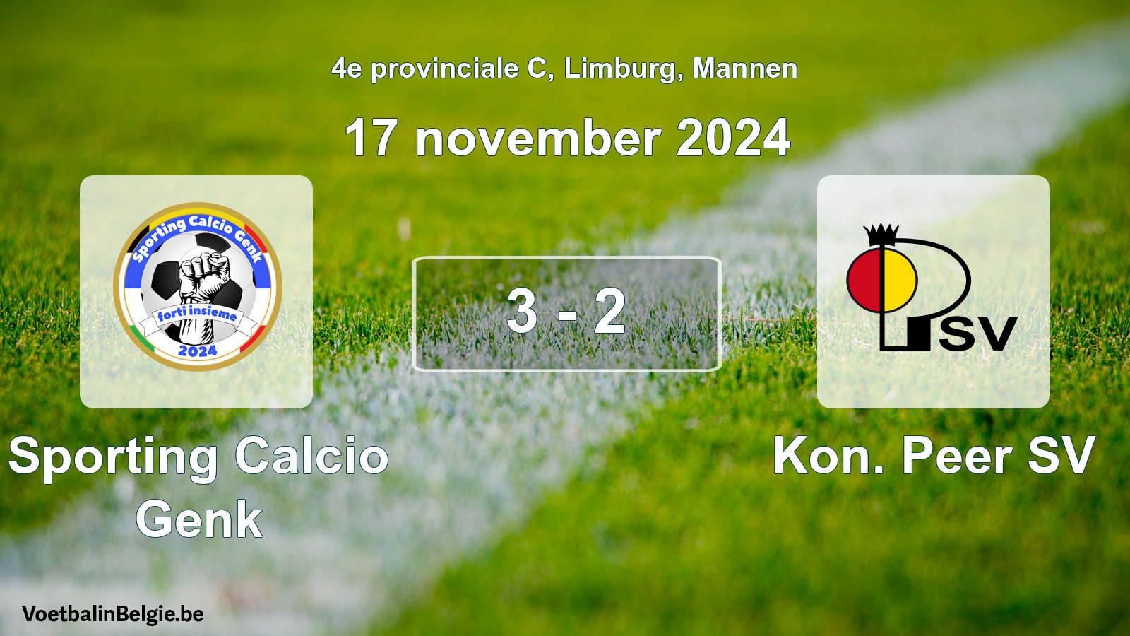 Gespeelde wedstrijd mannenvoetbal: Sporting Calcio Genk - Kon. Peer SV 3 - 2 (17 november 2024)