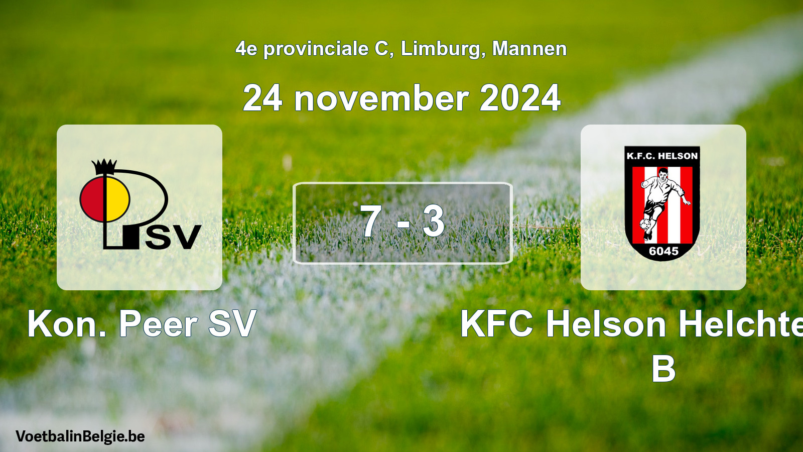 Gespeelde wedstrijd mannenvoetbal: Kon. Peer SV - KFC Helson Helchteren B 7 - 3 (24 november 2024)