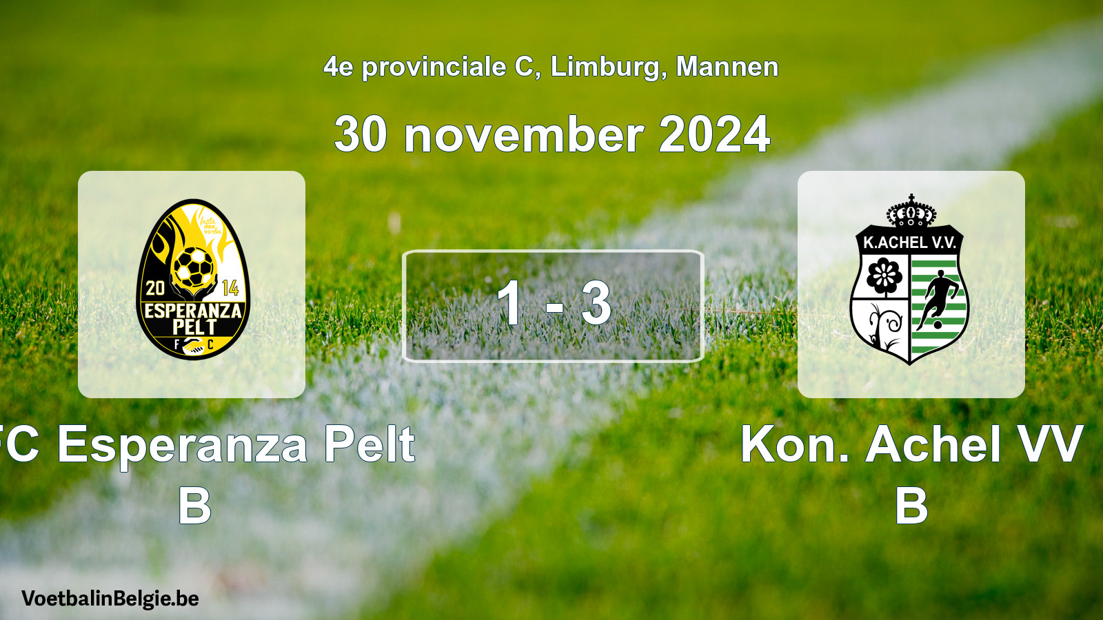 Gespeelde wedstrijd mannenvoetbal: FC Esperanza Pelt B - Kon. Achel VV B 1 - 3 (30 november 2024)