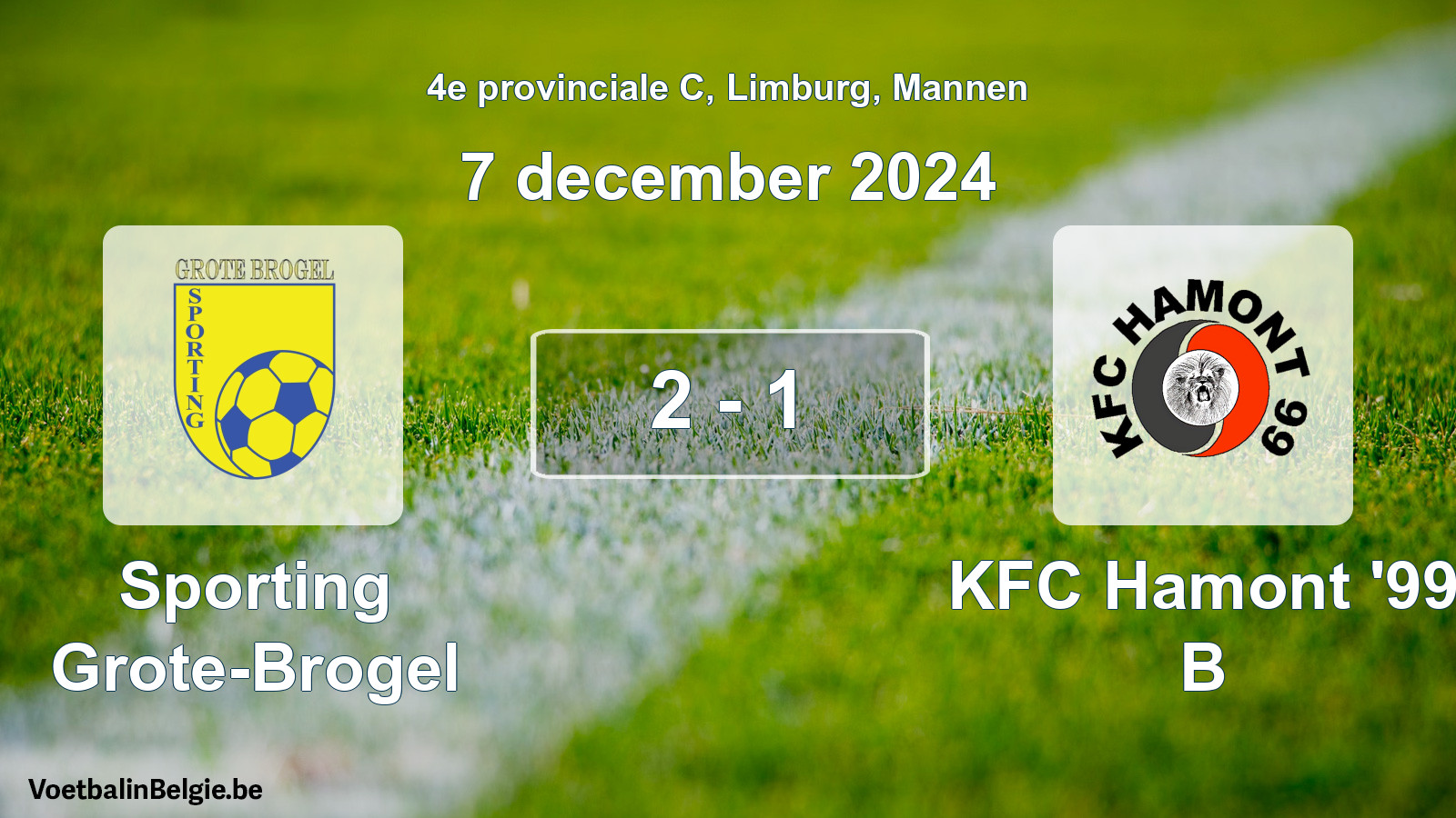 Gespeelde wedstrijd mannenvoetbal: Sporting Grote-Brogel - KFC Hamont '99 B 2 - 1 (7 december 2024)
